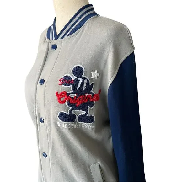 Disney World Mickey Mouse Letterman Varsity Jacket Small Unisex Gray Epcot Patch